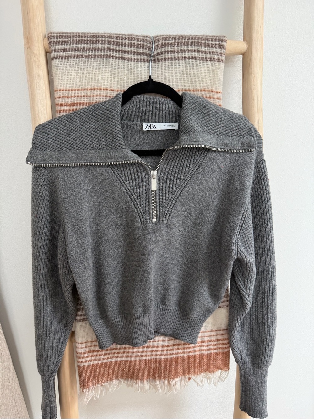 Zara Gray Ribbed Half-Zip Cowl Sweater